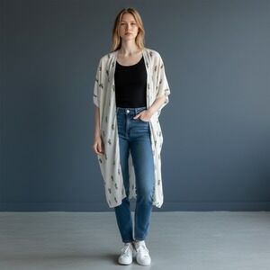 Buddy Love Cactus Print Kimono Wrap Cardigan White Bamboo-2 Size ML CG2214